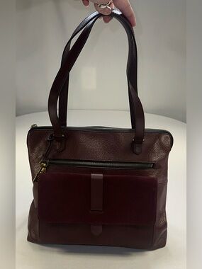Fossil Kinley Leather and Suede Shopper Tote Claret Red Wine Burgundy Like New